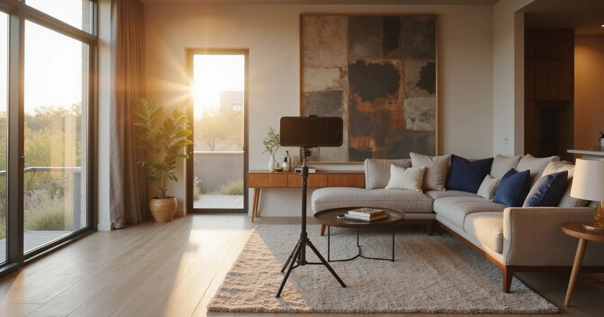 Phone on a tripod recording a video walk of a bright new apartment living room