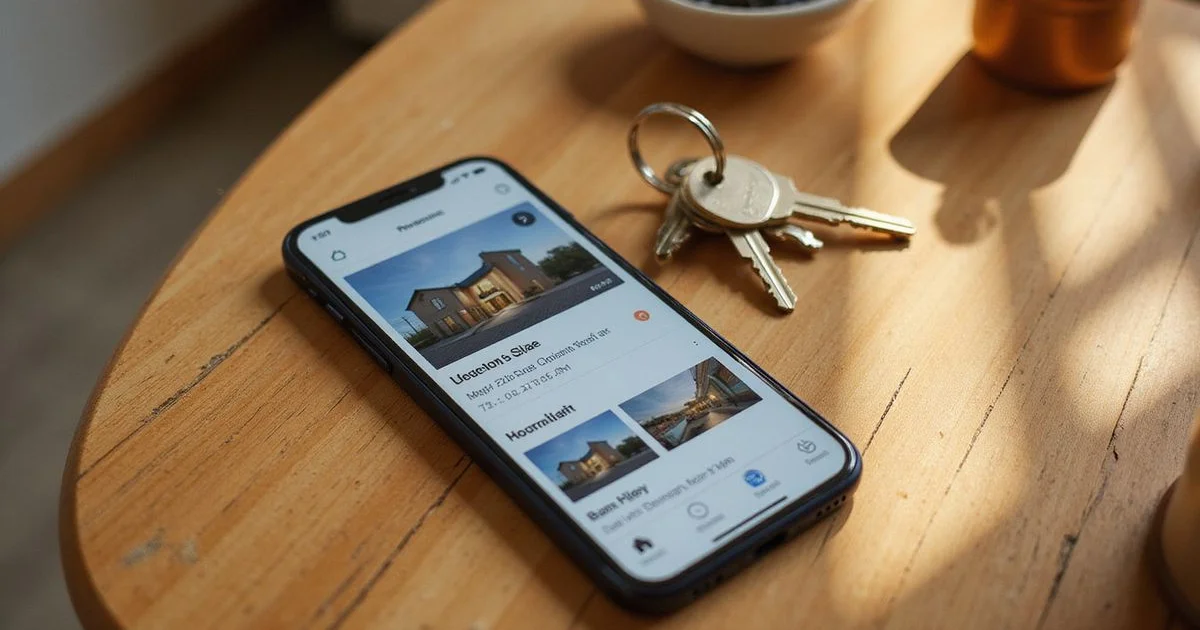 Phone showing an apartment listing on a wood desk beside a set of keys