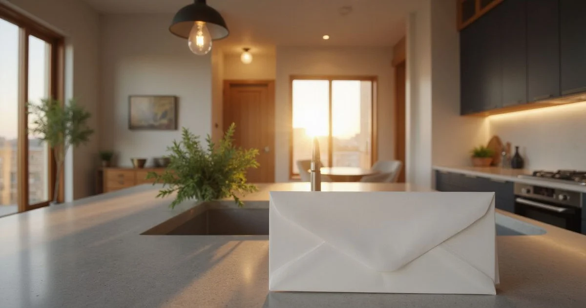 Renewal letter envelope on a kitchen island in a new apartment