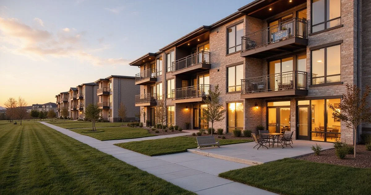 Row of new apartment balconies at golden hour, some furnished and some empty