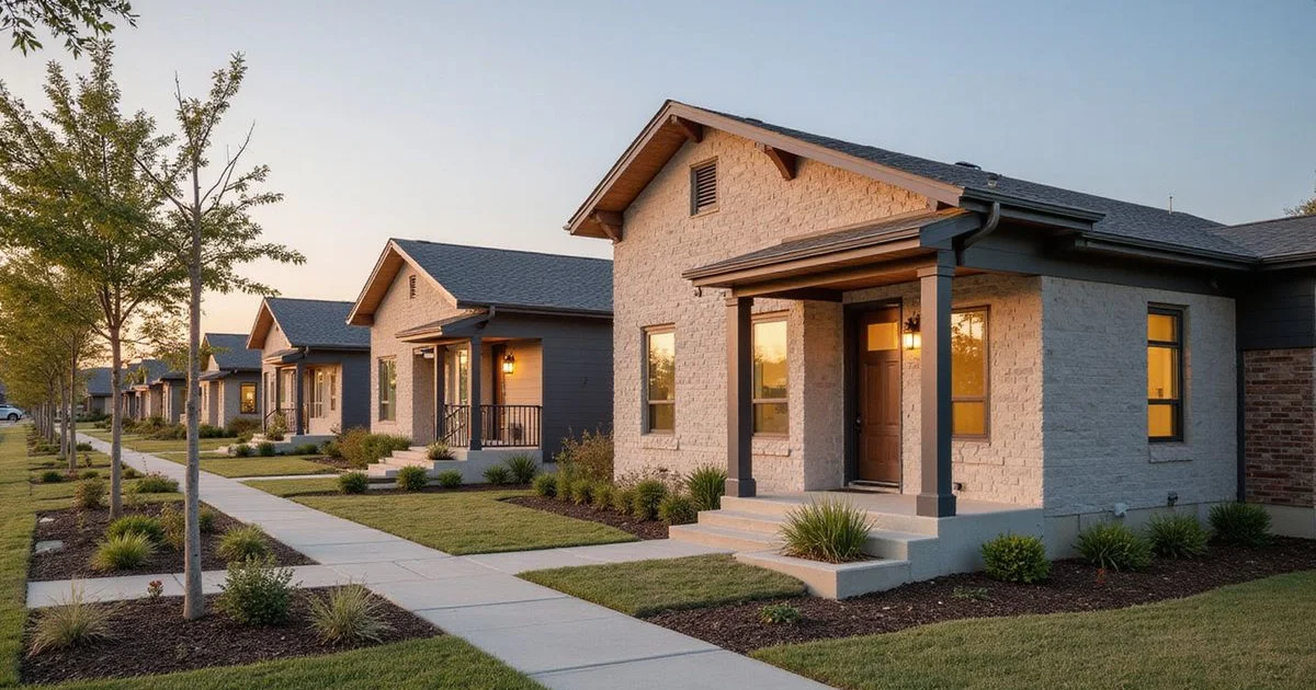 Row of new single-story built-to-rent homes with small yards in North Texas
