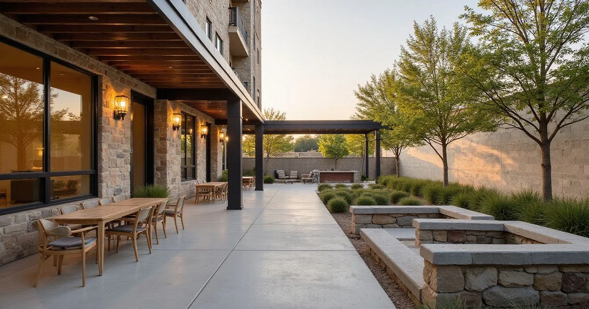 Single-level new apartment courtyard with shaded seating and limestone walls