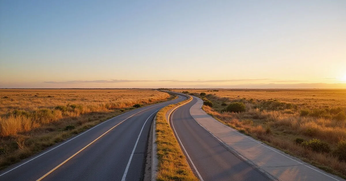 Toll parkway curving through open prairie at golden hour