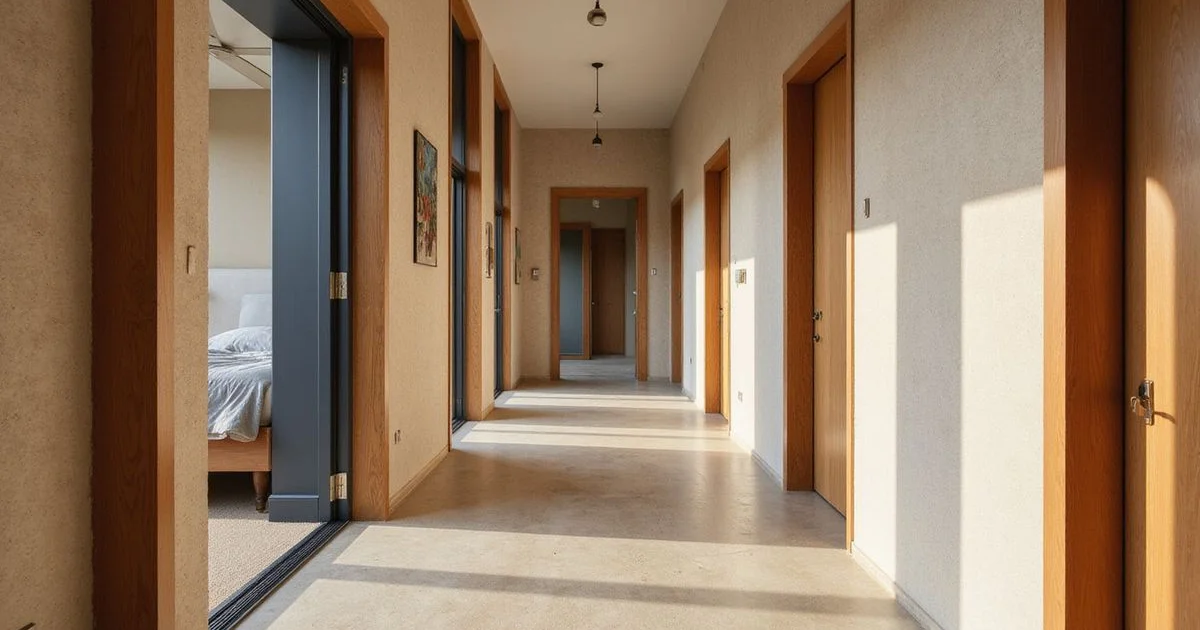 Two-bedroom new apartment hallway with two open bedroom doors