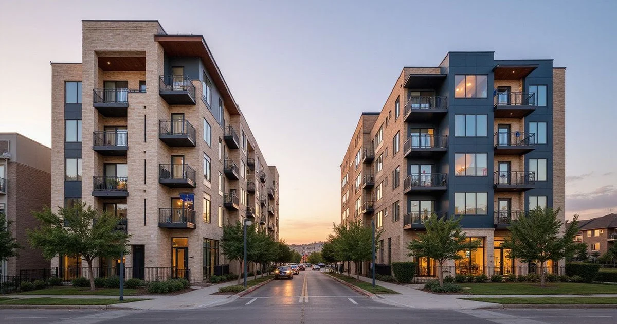 Two new apartment buildings across a Fort Worth street at golden hour