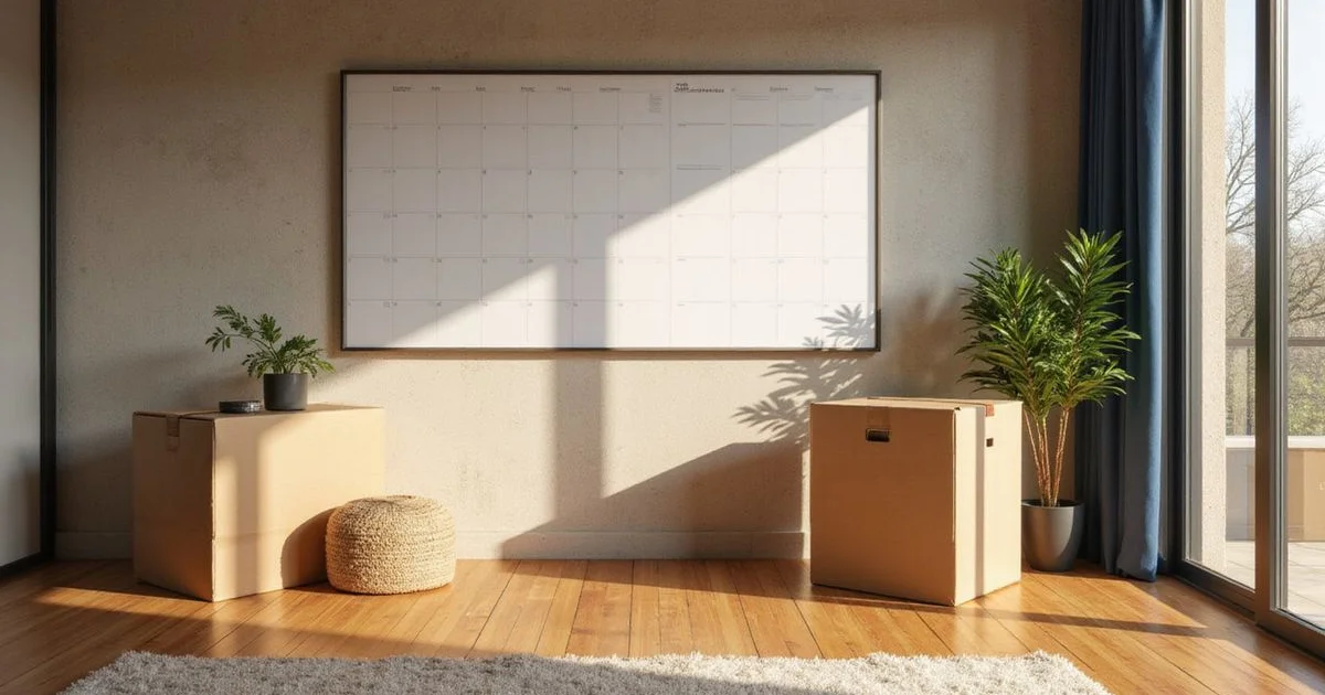 Wall calendar and moving boxes in a sunlit new apartment living room