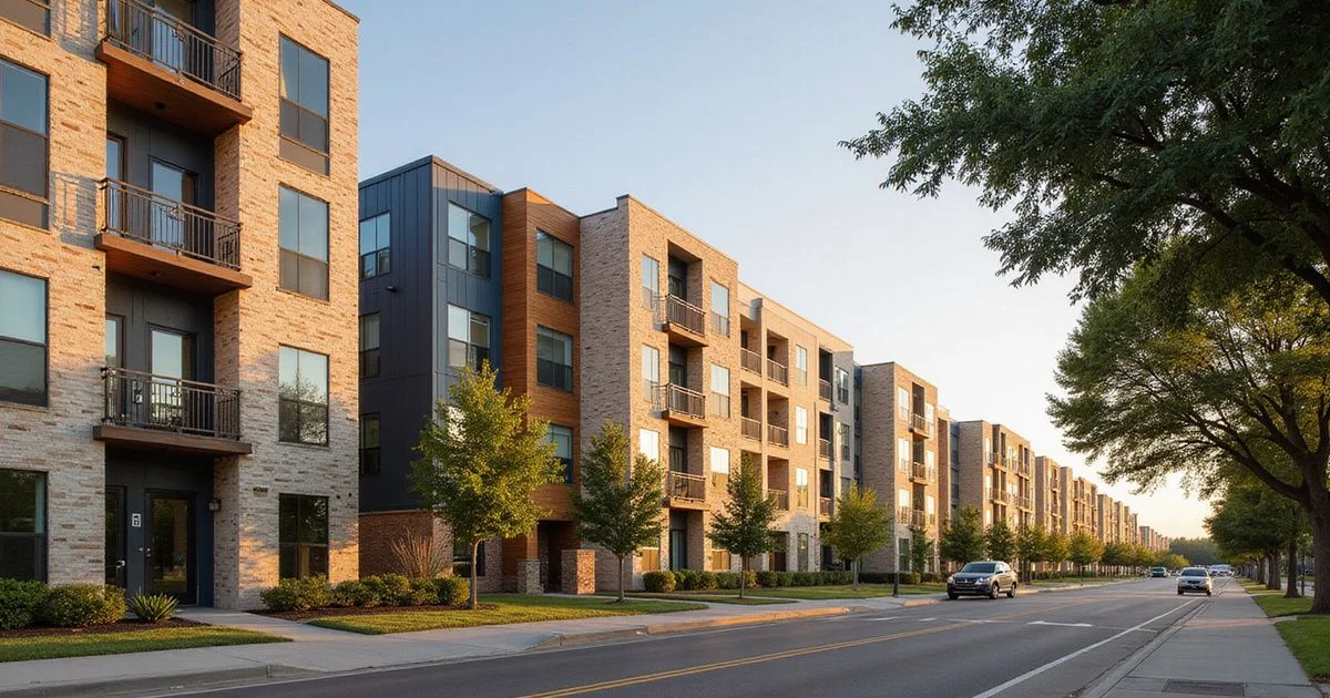 Wide golden-hour view of new Fort Worth apartment buildings along a tree-lined street