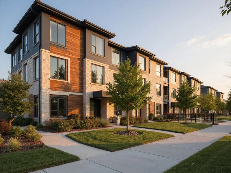 New garden-style apartment buildings in Benbrook at golden hour