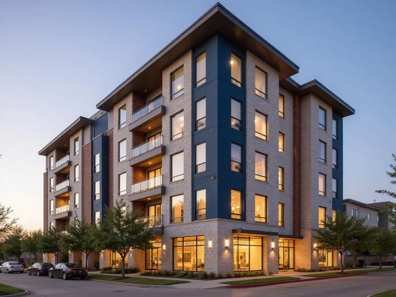 Brand-new mid-rise apartment building in Fort Worth at golden hour