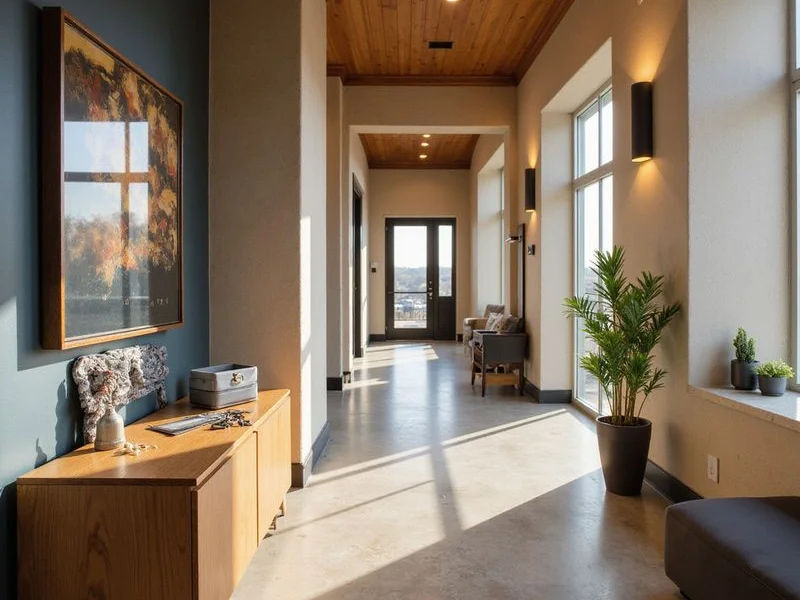 Bright new apartment entry hall with keys and a lease folder on a console