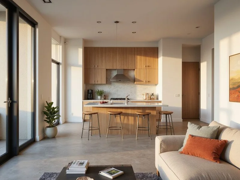 Bright new apartment kitchen and living area with natural wood