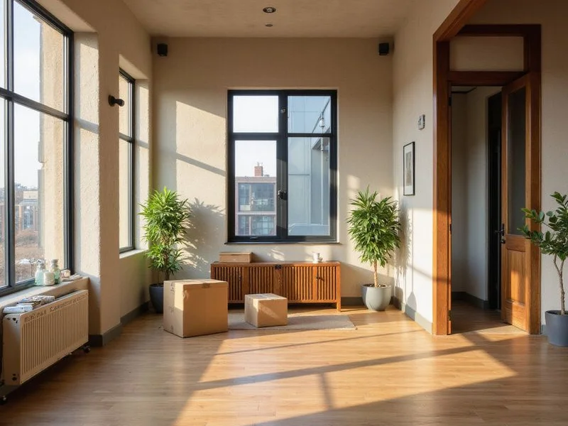 Bright new Fort Worth apartment living room with moving boxes