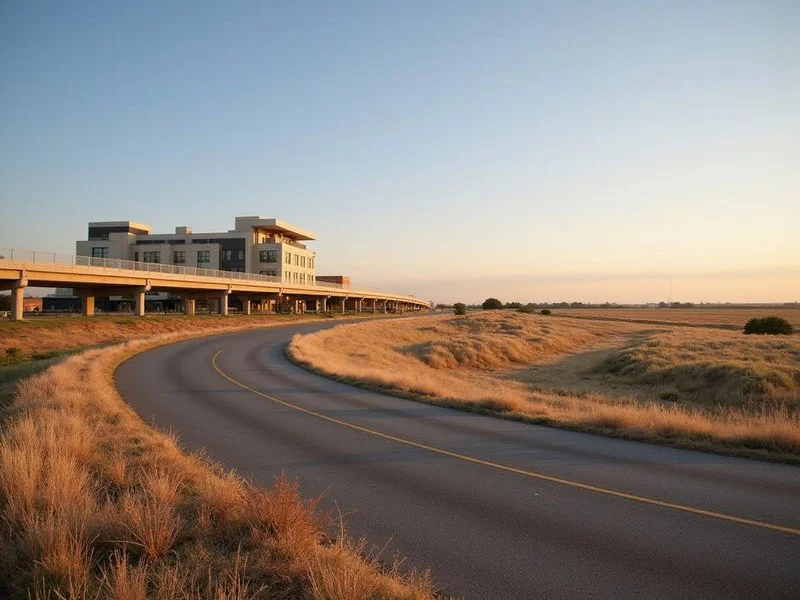 Chisholm Trail Parkway curving through open prairie at golden hour