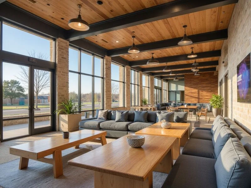Community clubroom in a new apartment building with large windows