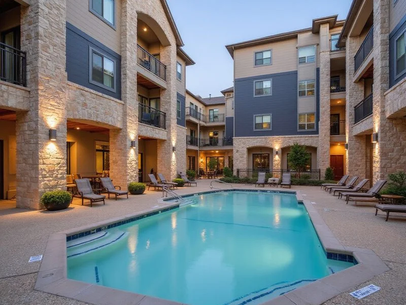 Courtyard pool at a new mid-cities apartment community in late afternoon light