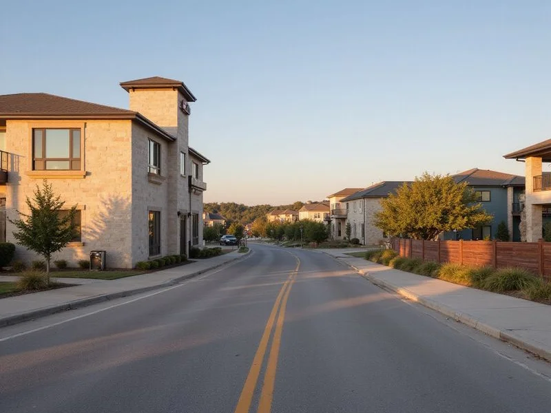 Early morning commute road in west Fort Worth with a new apartment roofline