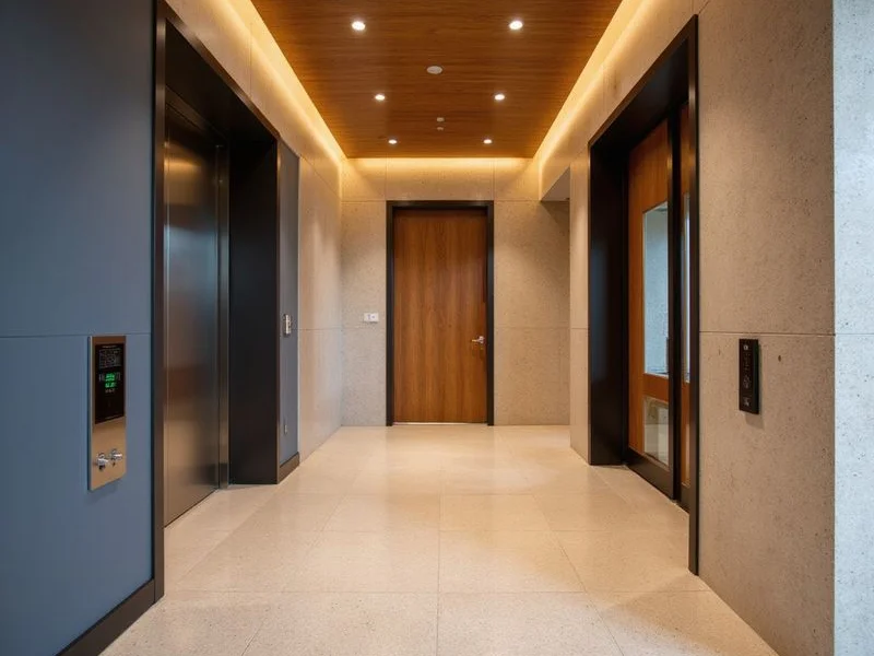 Elevator lobby in a new apartment building with a wide corridor