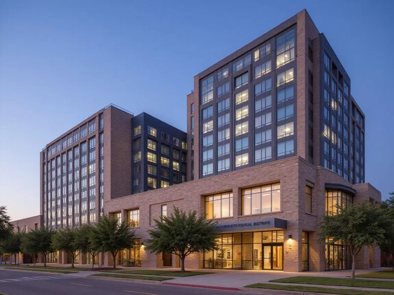 Medical District hospital buildings at dusk with a new mid-rise apartment in front