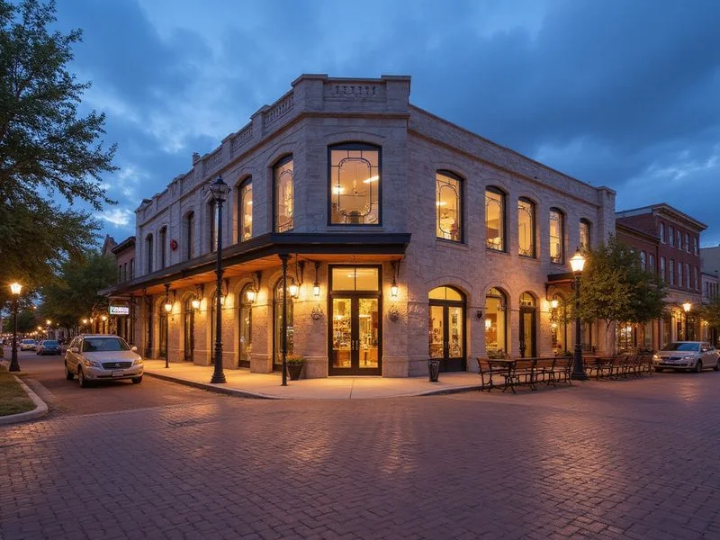 Brick street in a historic Fort Worth district at dusk