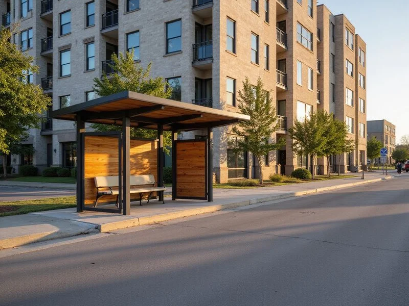 Bus stop shelter beside a new mixed-use apartment building