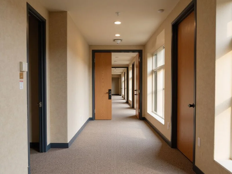 Fresh apartment hallway with new carpet and doors during lease-up