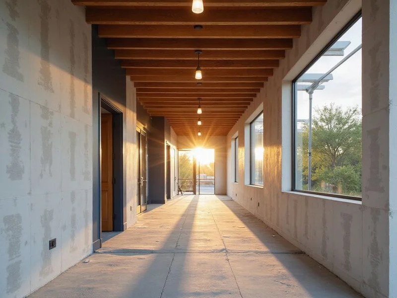 Hard-hat tour path through a nearly finished apartment building