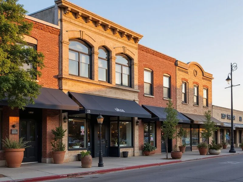 Historic brick storefronts in Downtown Mansfield in late afternoon light
