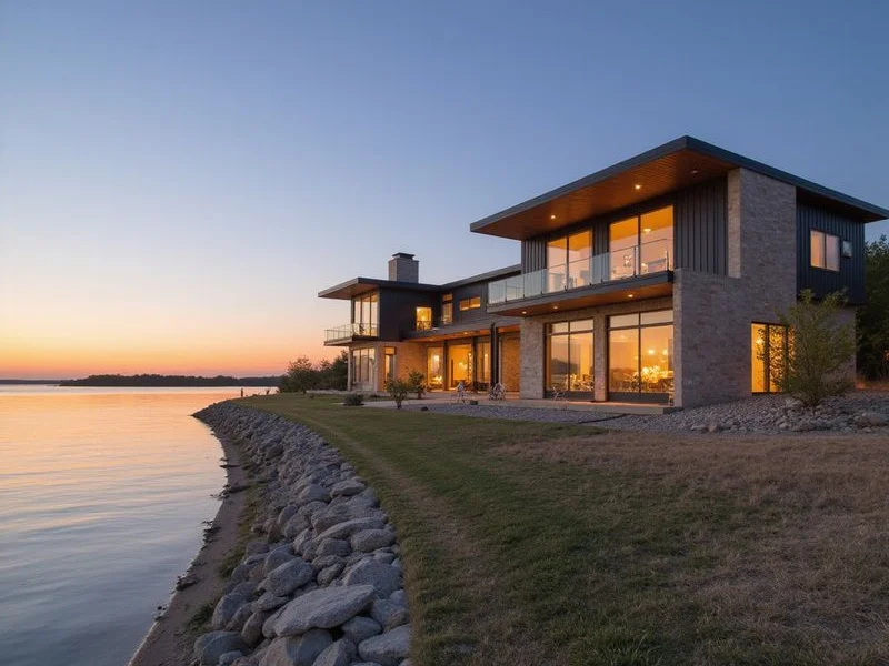 Joe Pool Lake shoreline at sunset near south Grand Prairie