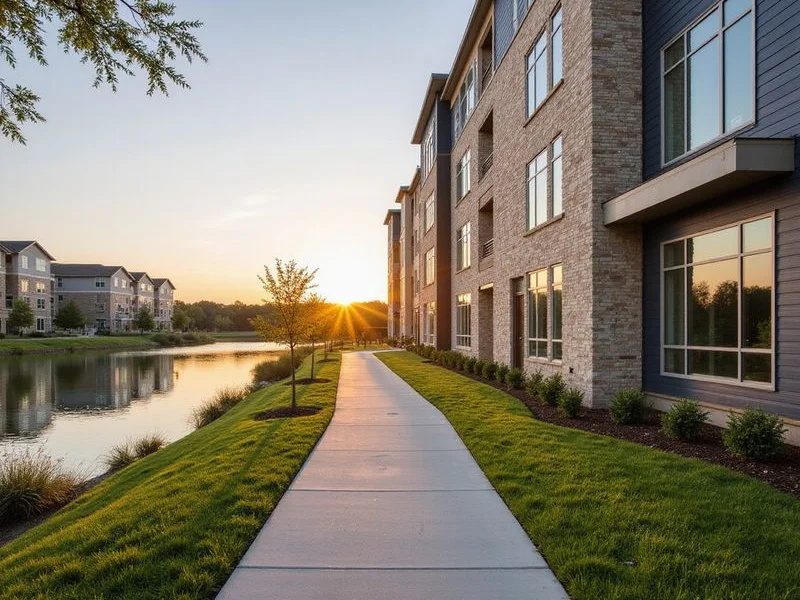 Lakeside walking path near new apartments in north Arlington