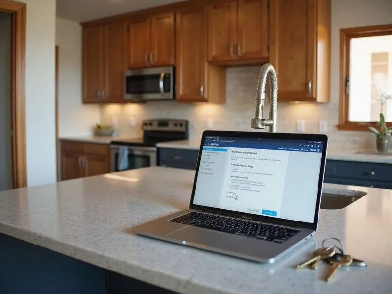 Laptop showing an e-signed lease on a kitchen island with keys