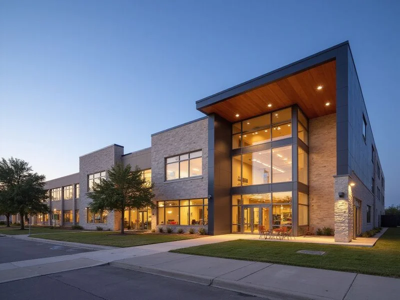Aerospace manufacturing campus exterior in west Fort Worth at dawn