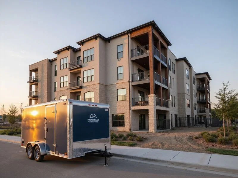 Leasing trailer beside a new apartment construction site