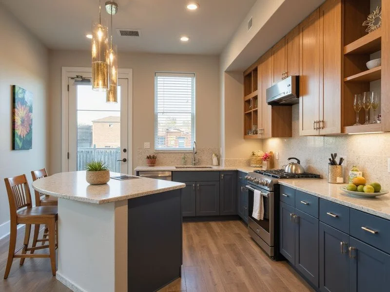 Model unit kitchen inside a pre-leasing apartment community