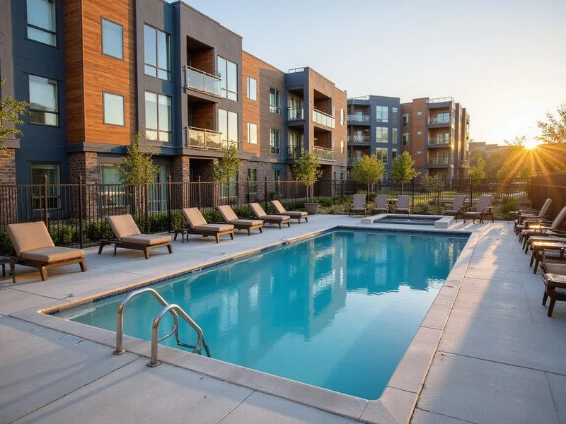 New apartment pool deck nearly finished with temporary fencing