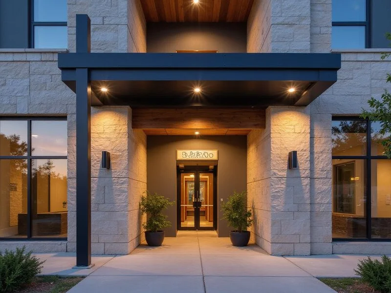New Fort Worth apartment entrance at dusk with warm lobby light