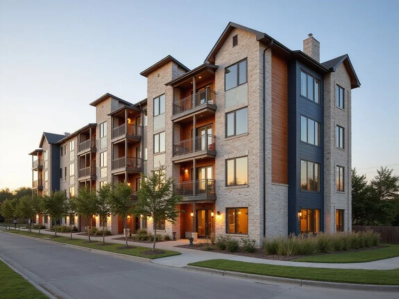 New lease-up apartment building in Mansfield at golden hour