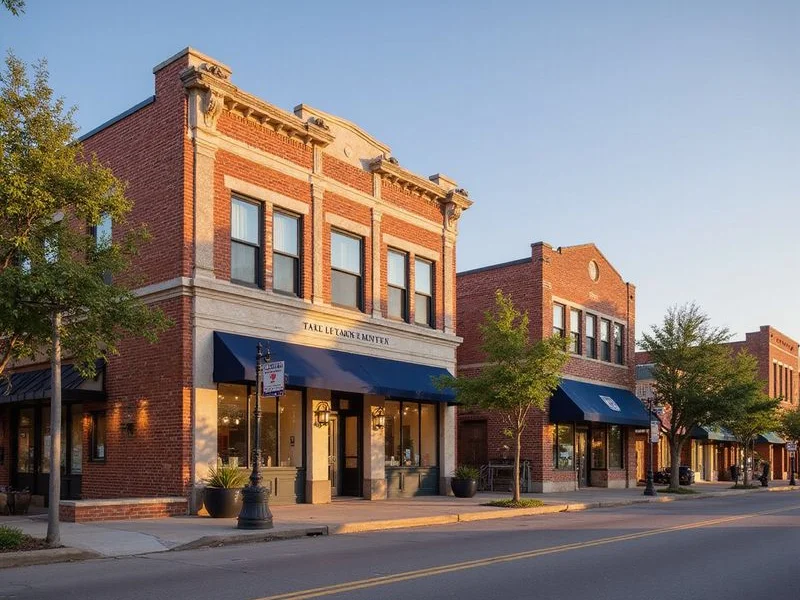Old Town Burleson main street brick buildings in evening light
