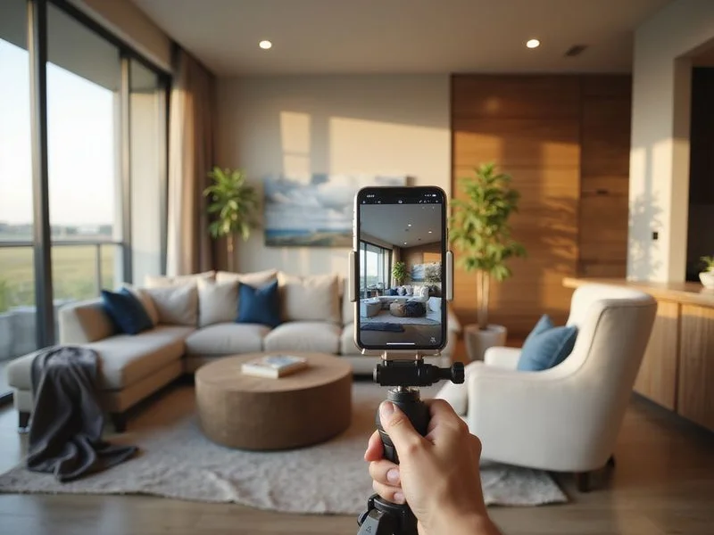 Phone on a tripod recording a video walk of a new apartment