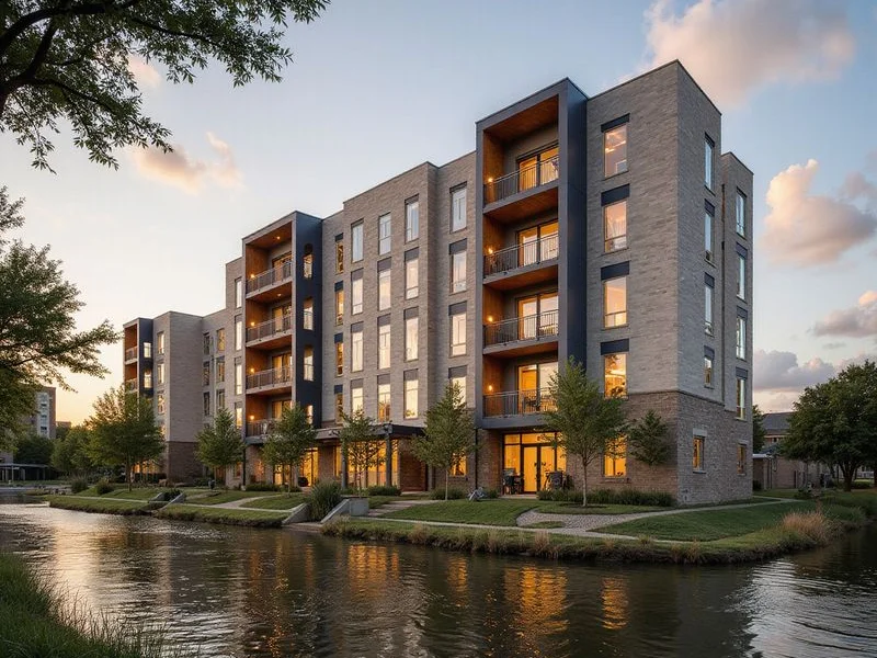 New apartment building with balconies and trees in a Fort Worth riverside area
