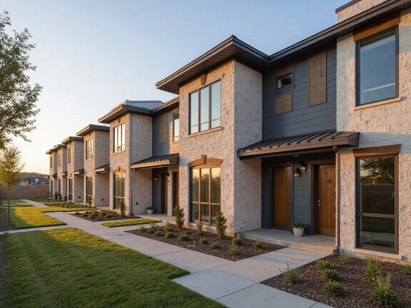 Row of new built-to-rent homes with small yards in North Fort Worth