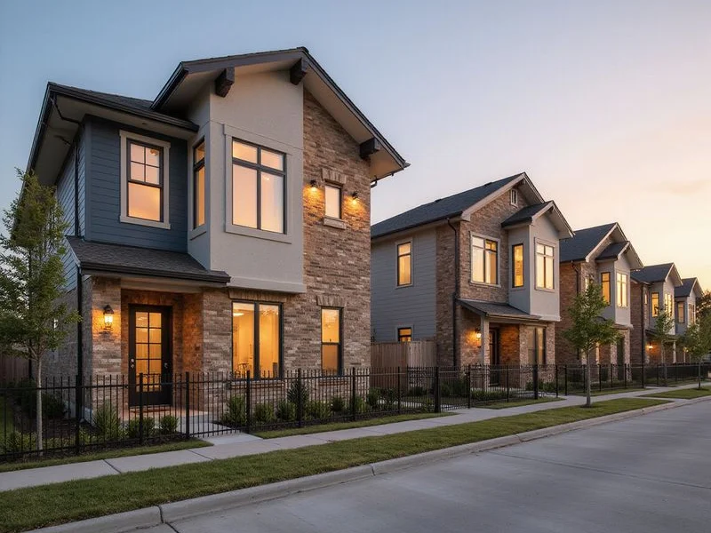 Row of new built-to-rent homes with small yards in North Texas