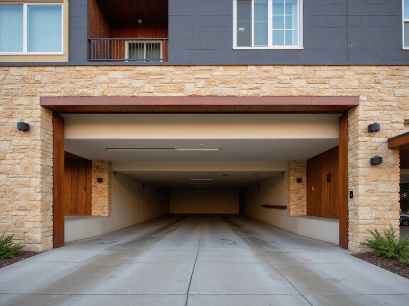 Structured parking entrance beneath a new Near Southside apartment building
