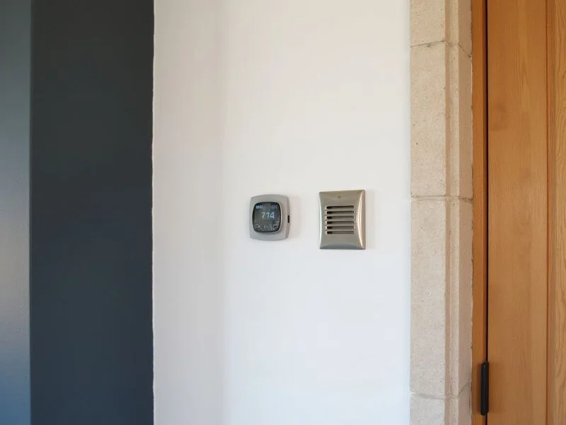 Thermostat and return vent on a fresh wall in a first-generation apartment