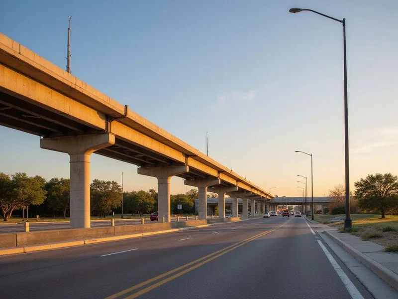 Toll road gantry over a North Texas parkway at golden hour