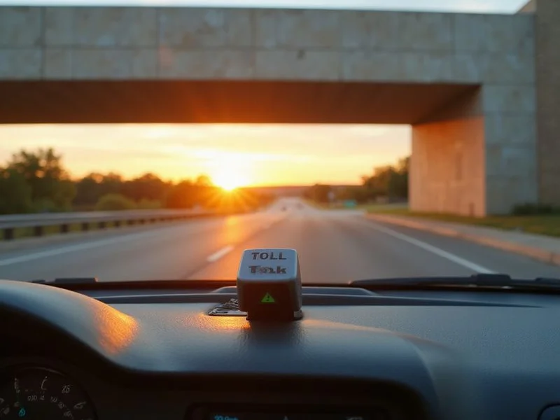 Toll transponder on a car windshield with a North Texas highway ahead