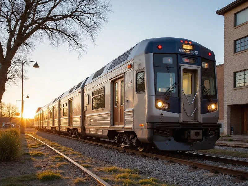 Commuter train passing east of Downtown Fort Worth in evening light