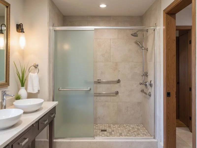 Walk-in shower with grab bars in a new apartment bathroom