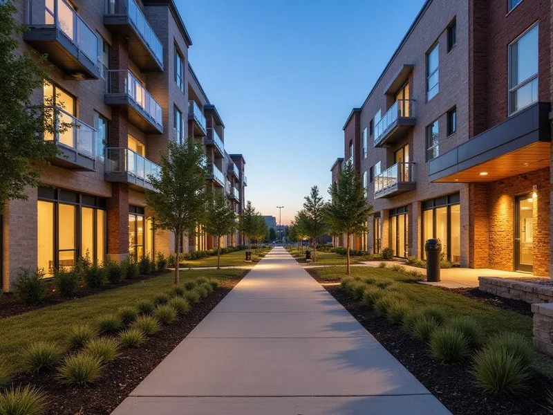 Walking path from a new apartment building toward a rail station at dusk