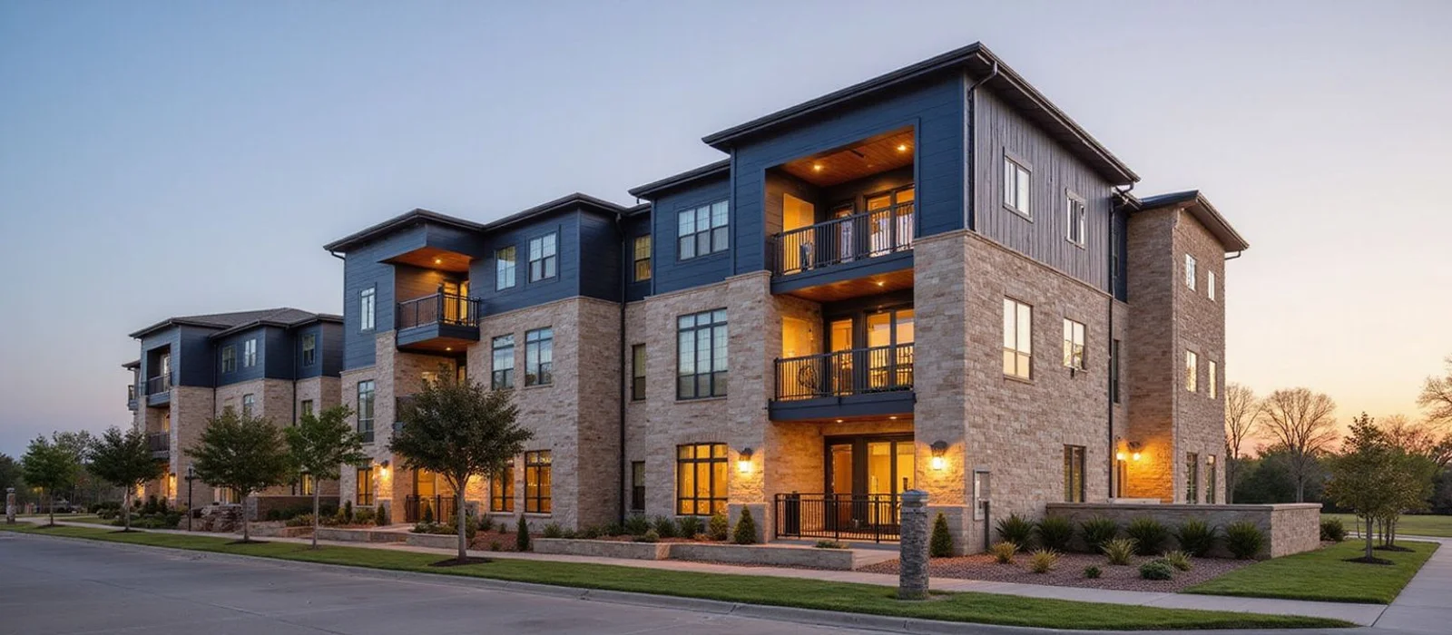 New apartment building in Northeast Tarrant County near Grapevine at golden hour