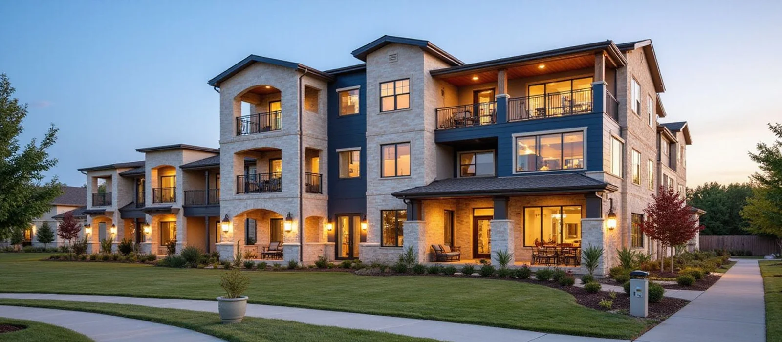 New garden-style apartment community in North Fort Worth near Alliance at golden hour